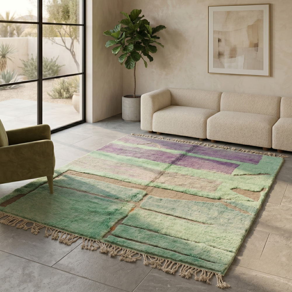 Sage green Moroccan Mrirt color block rug under a coffee table in a sunlit room