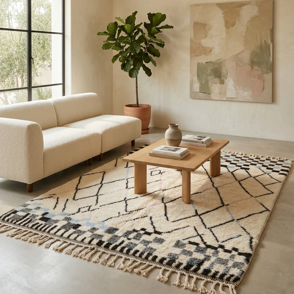 Black and ivory Mrirt diamond rug styled in a bright living room with cream sofa