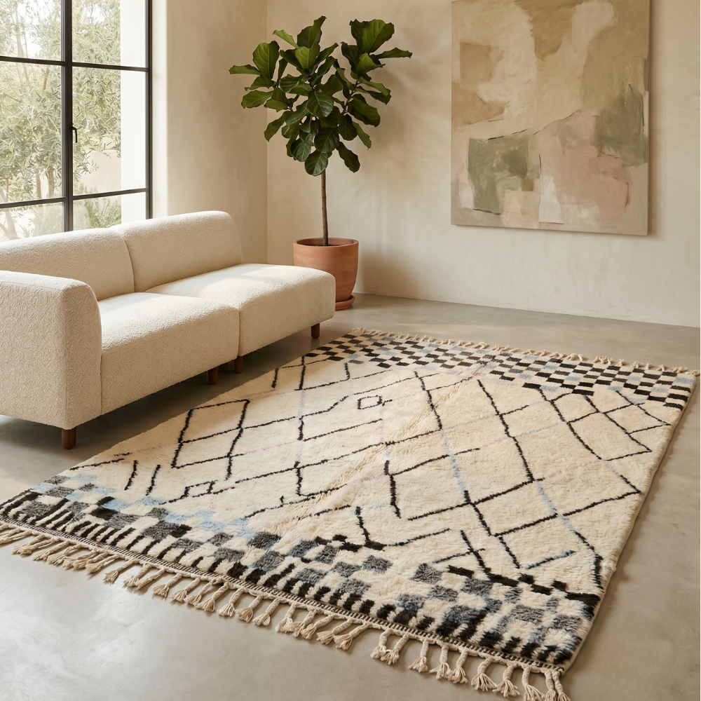 Beni Ourain Moroccan Mrirt rug with black diamonds under a wooden coffee table