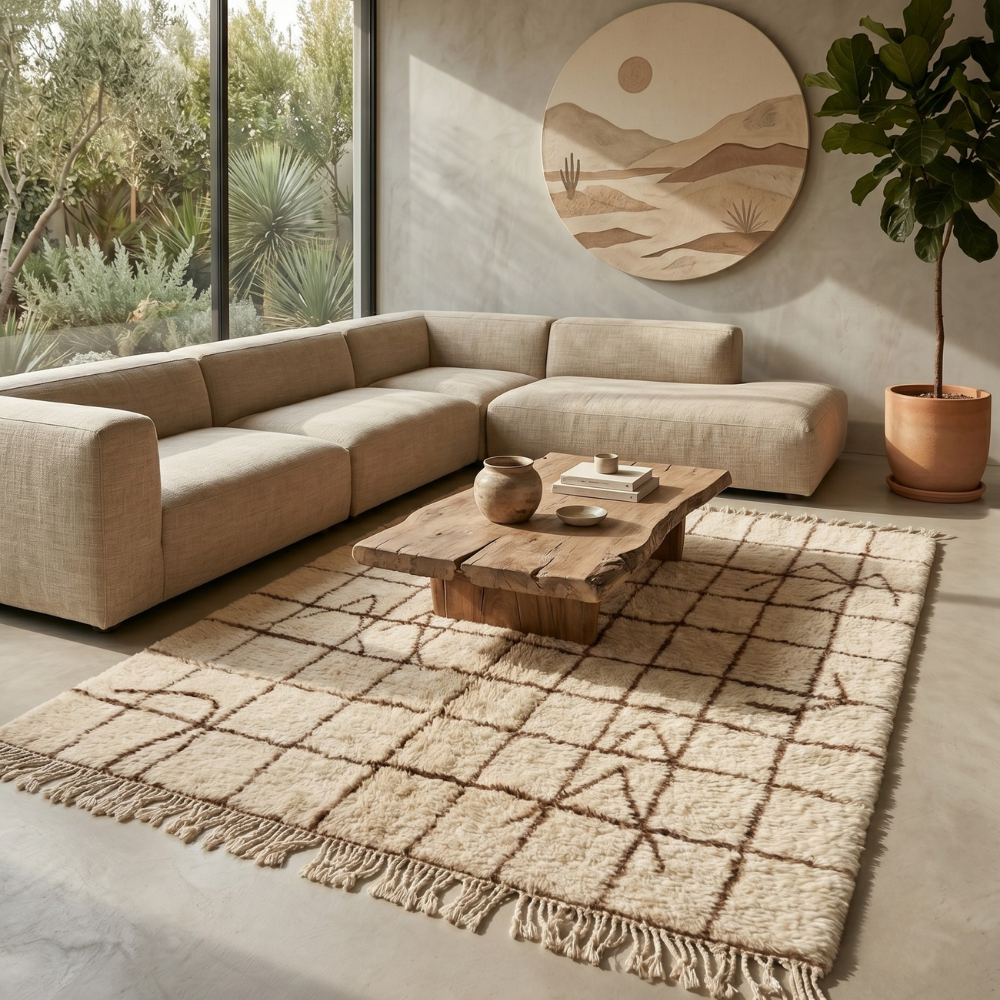 Ivory and brown Mrirt symbol rug styled in a bright living room with neutral sofa