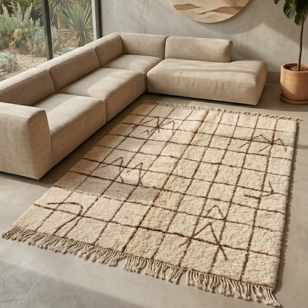 Moroccan Mrirt grid rug with tribal symbols under a coffee table in a sunlit room