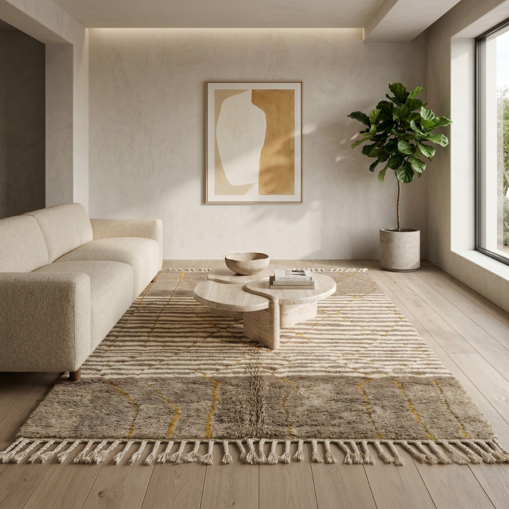 Earthy striped Mrirt rug styled in a bright living room with neutral sofa