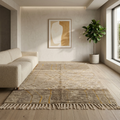 Taupe and mustard Moroccan Mrirt rug under a coffee table in a sunlit room