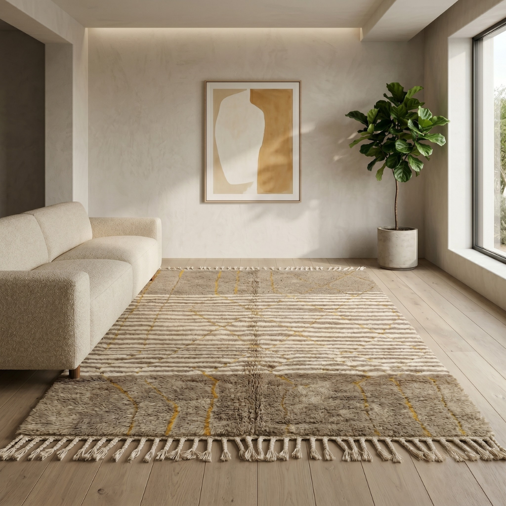 Taupe and mustard Moroccan Mrirt rug under a coffee table in a sunlit room