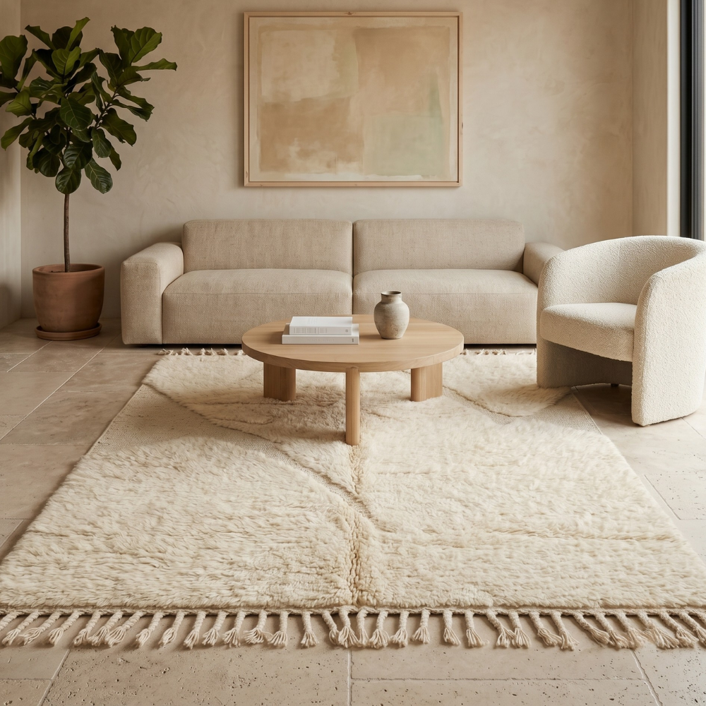 Minimalist ivory Mrirt high-pile rug styled in a bright neutral living room