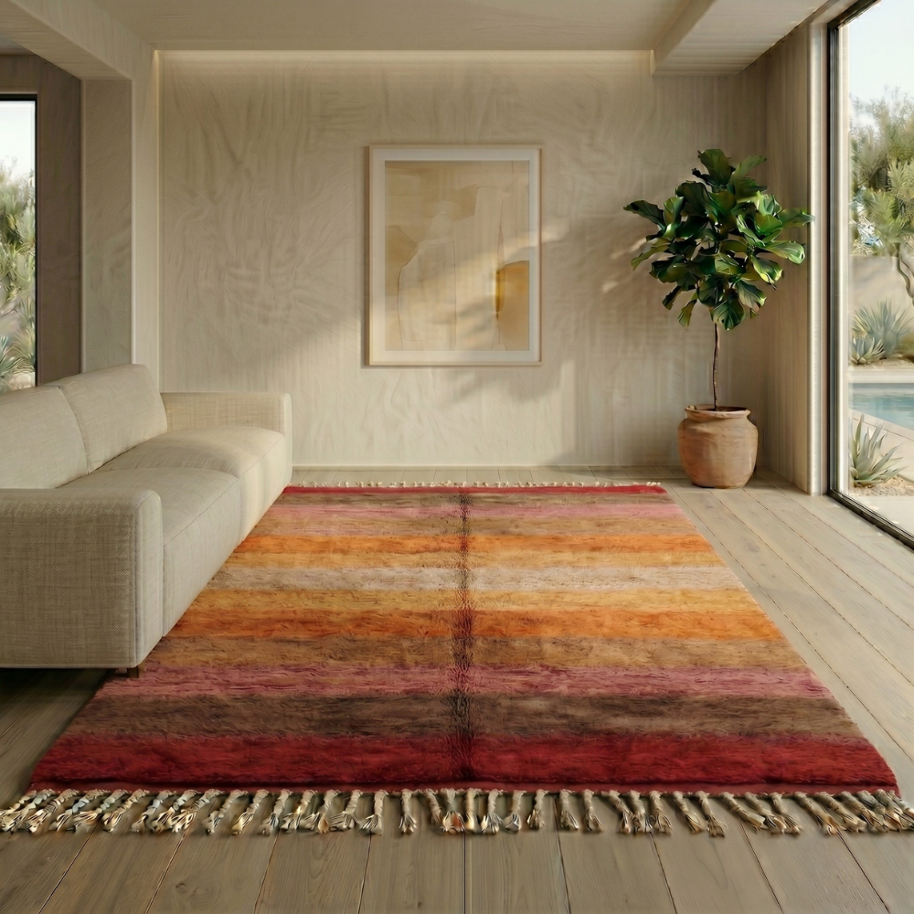 Red and amber Moroccan Mrirt sunset rug in a sunlit interior