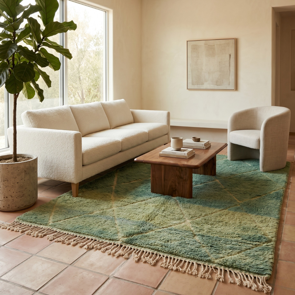 Emerald green diamond Mrirt rug styled in a bright living room