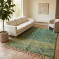 Green and ivory Moroccan Mrirt diamond rug in a sunlit interior