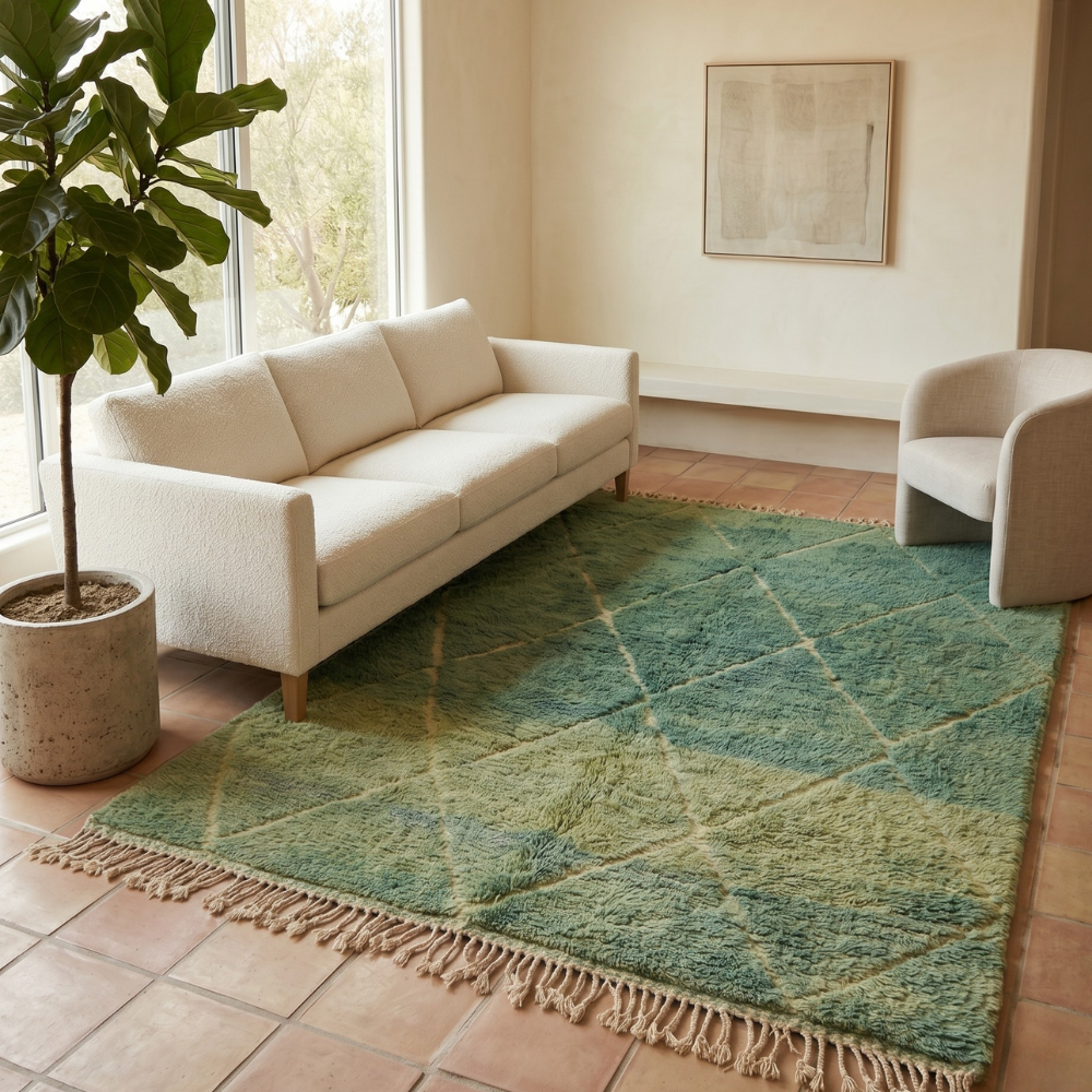 Green and ivory Moroccan Mrirt diamond rug in a sunlit interior
