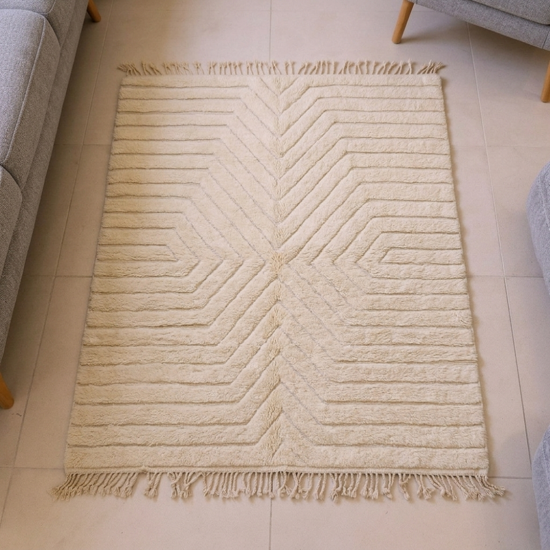 Ivory Chevron Carved Mrirt Moroccan Plush Wool Rug Handwoven by Amazigh Artisans