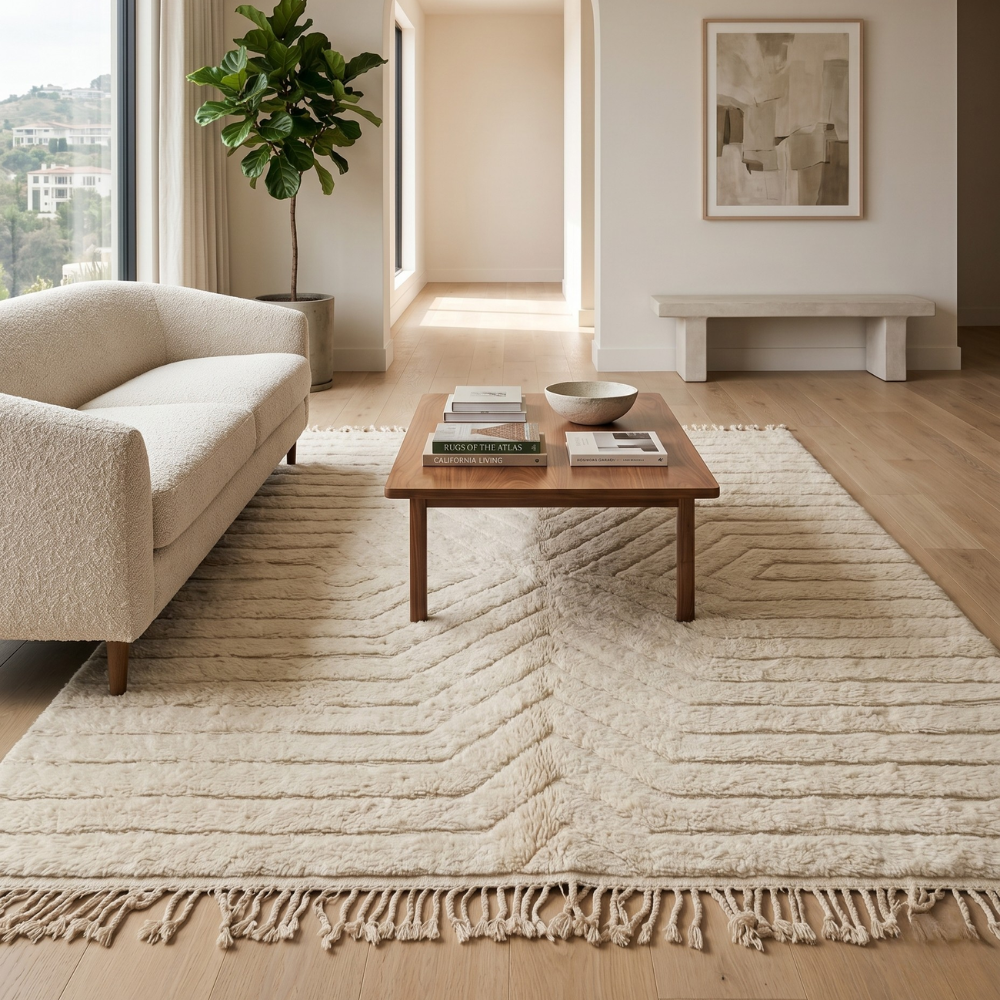 Ivory chevron Mrirt high-pile rug styled in a bright neutral living room