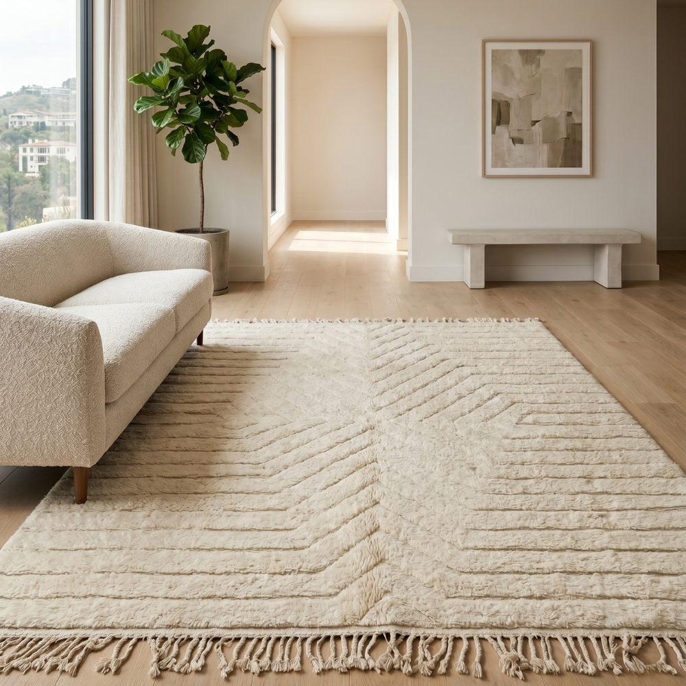 Sculptural ivory Moroccan Mrirt chevron rug in a sunlit interior