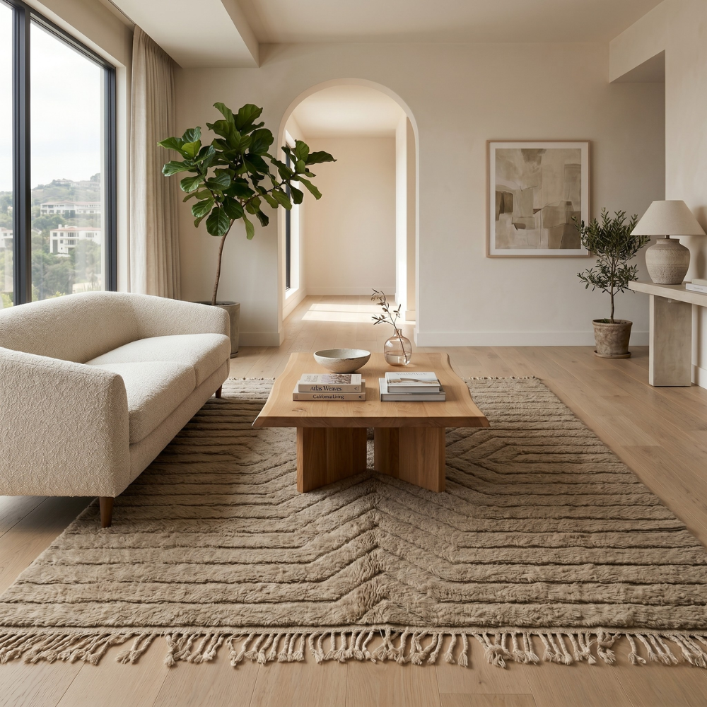Earthy taupe chevron Mrirt rug styled in a bright living room