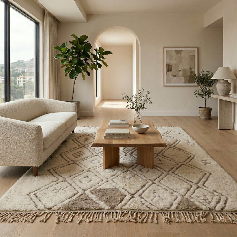 Ivory diamond-symbol Mrirt rug styled in a bright neutral living room