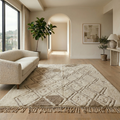 Tribal Moroccan Mrirt diamond rug with Amazigh symbols in a sunlit interior