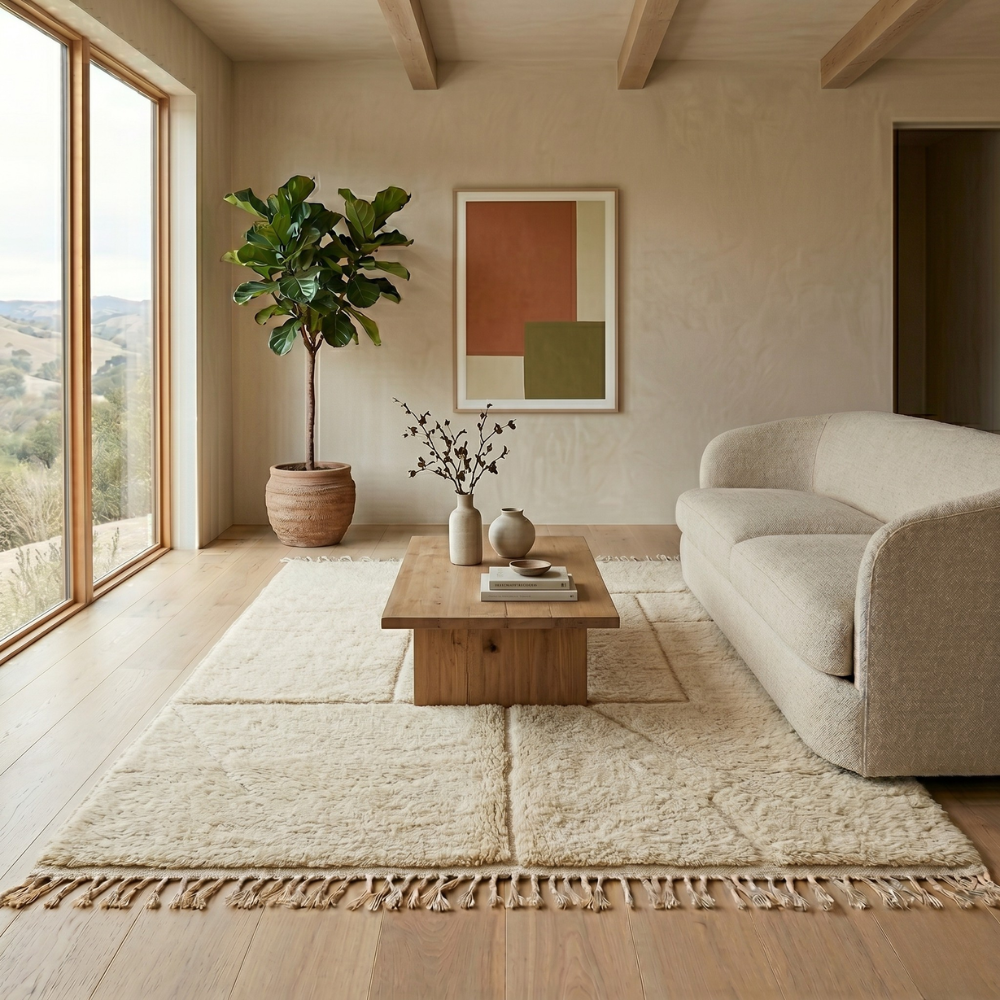 Ivory carved-panel Mrirt high-pile rug styled in a bright neutral living room