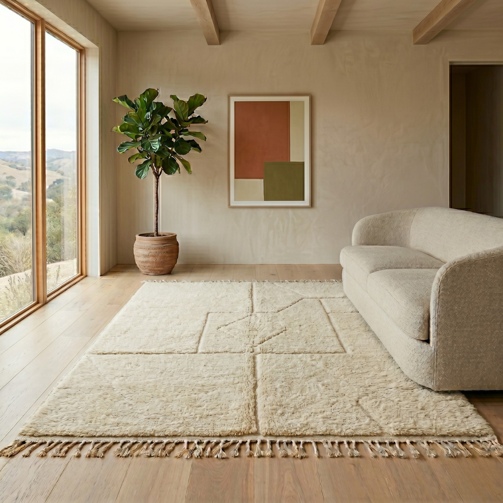 Minimalist ivory Moroccan Mrirt rug in a sunlit interior