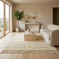 Ivory herringbone Mrirt high-pile rug styled in a bright living room