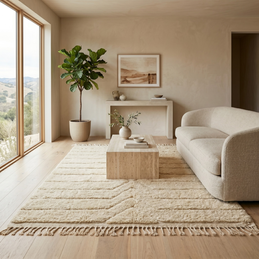 Ivory herringbone Mrirt high-pile rug styled in a bright living room
