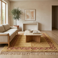 Warm golden bordered Mrirt vintage rug styled in a bright living room