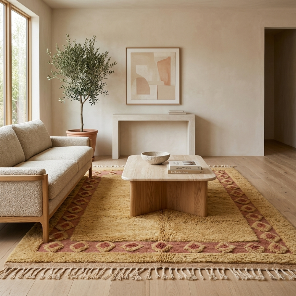 Warm golden bordered Mrirt vintage rug styled in a bright living room