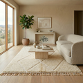 Ivory diamond Mrirt high-pile rug styled in a bright neutral living room