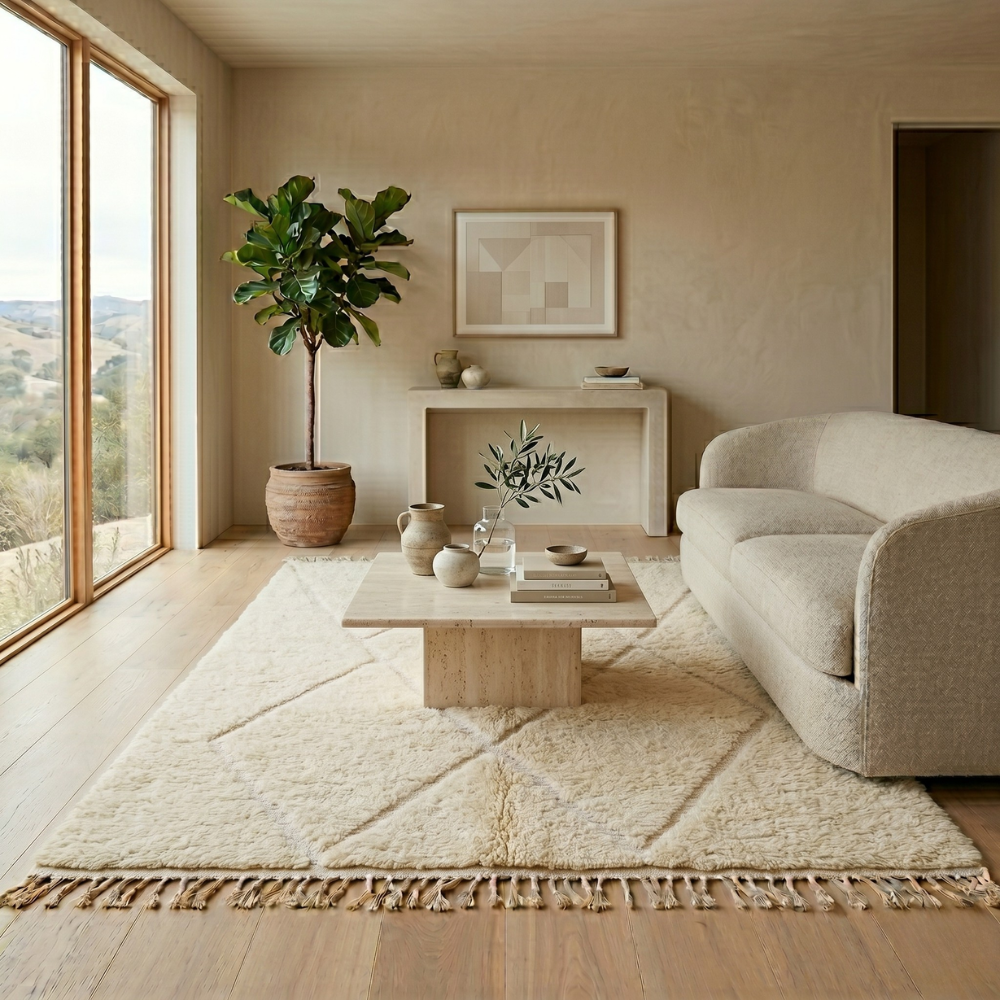 Ivory diamond Mrirt high-pile rug styled in a bright neutral living room