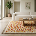 Colorful checkerboard Mrirt rug styled in a bright living room