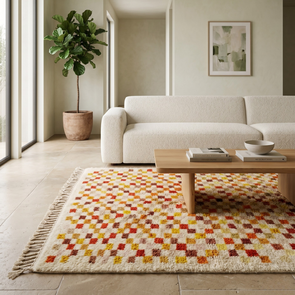 Colorful checkerboard Mrirt rug styled in a bright living room