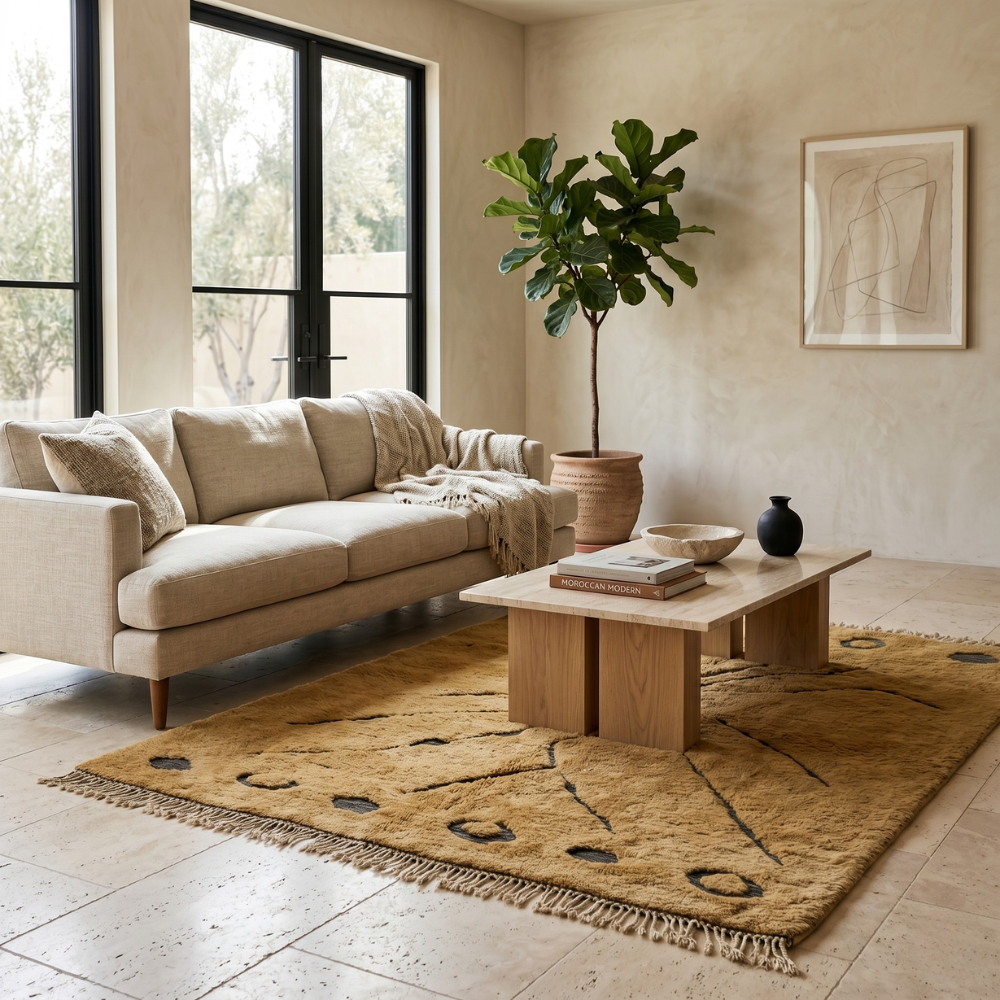 Camel and charcoal abstract Mrirt rug styled in a bright living room