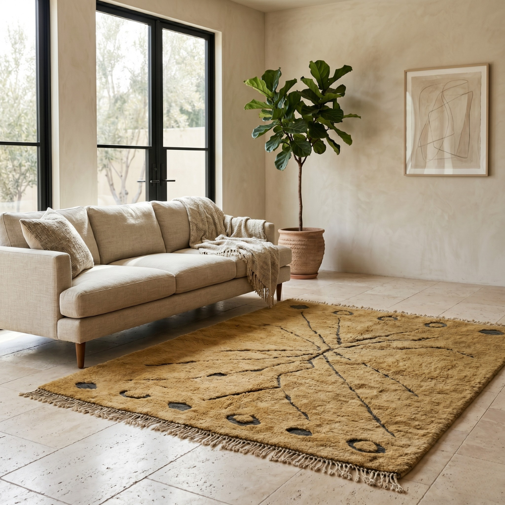 Warm Moroccan Mrirt sunburst rug in a sunlit interior