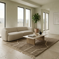 Brown and ivory abstract Mrirt rug styled in a bright living room