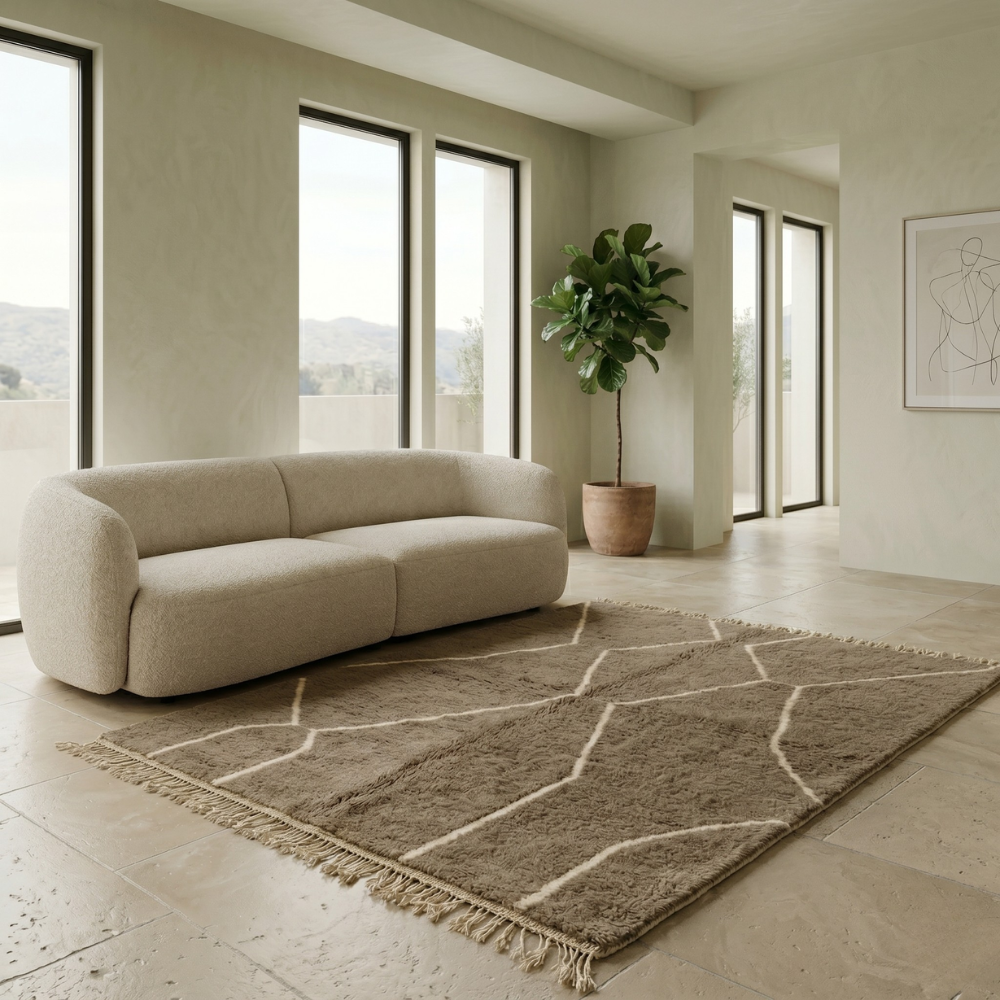 Warm mocha Moroccan Mrirt line rug in a sunlit interior