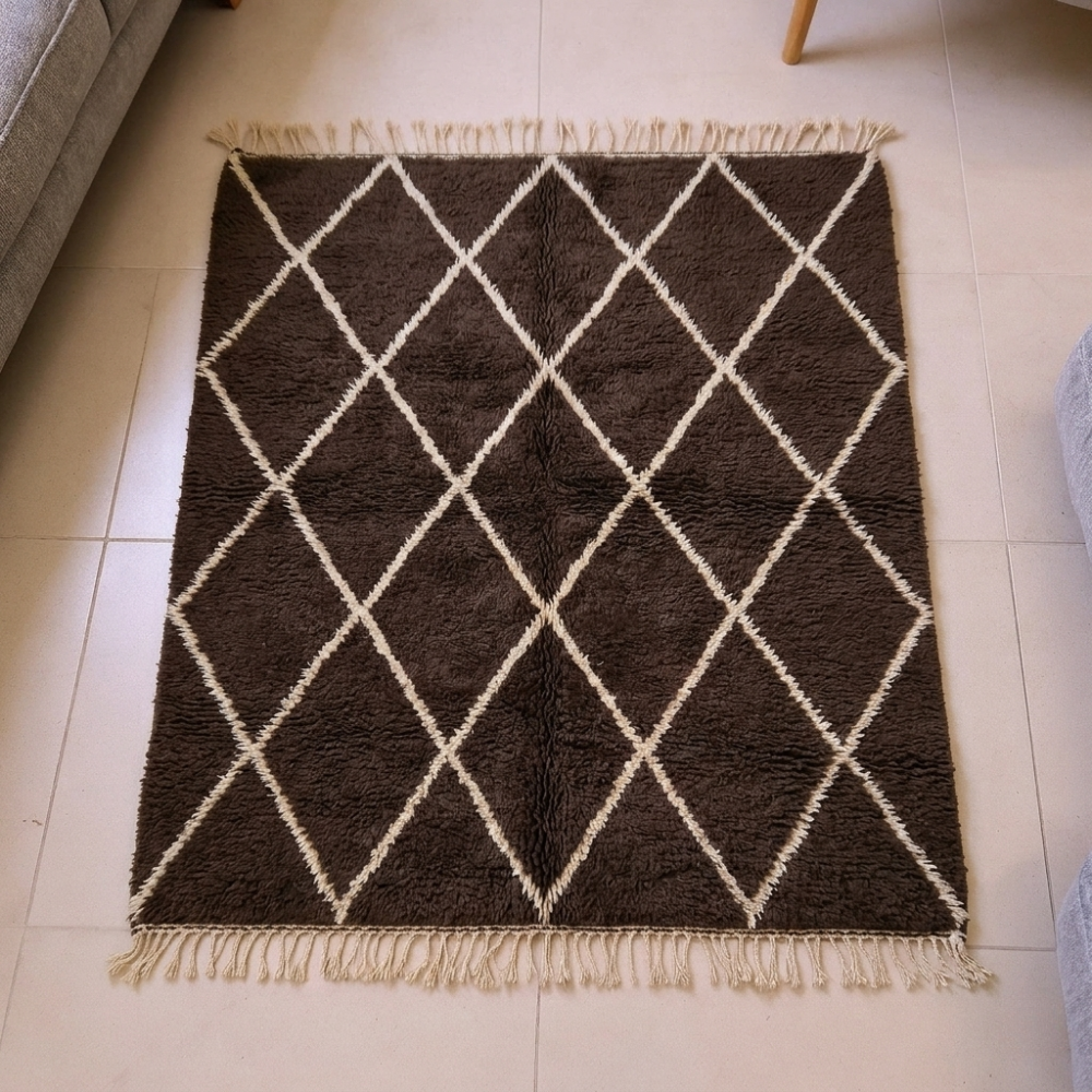 Mrirt chocolate-brown Beni Ourain wool rug with ivory diamond lattice, shown flat
