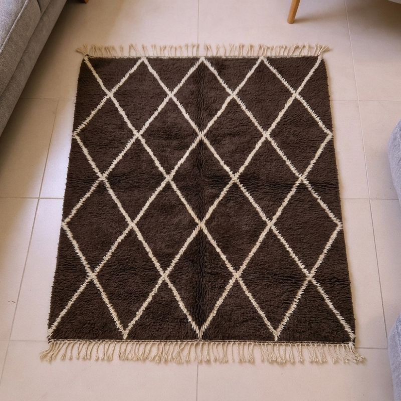 Mrirt chocolate-brown Beni Ourain wool rug with ivory diamond lattice, shown flat
