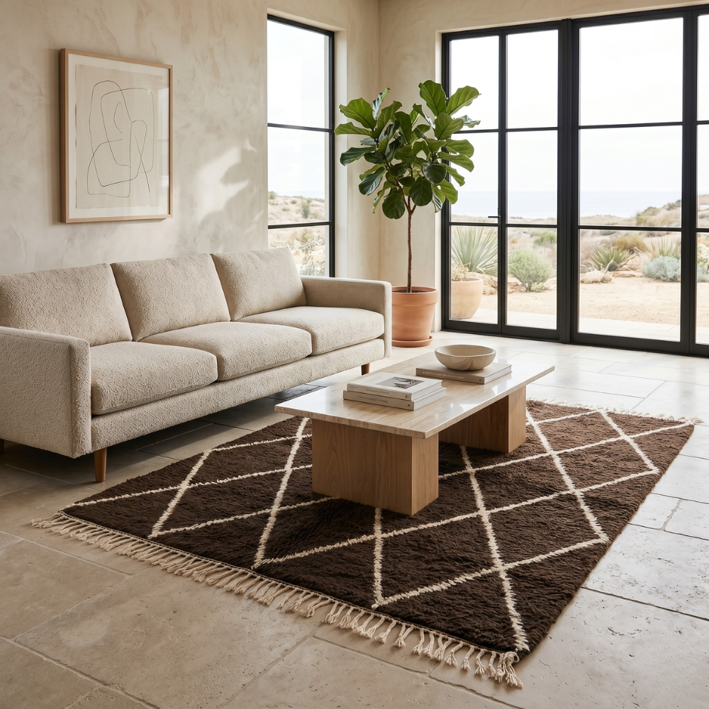 Brown and ivory diamond Mrirt rug styled in a bright living room