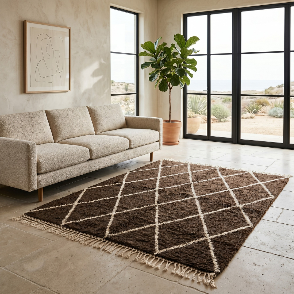 Rich brown Moroccan Mrirt diamond rug in a sunlit interior