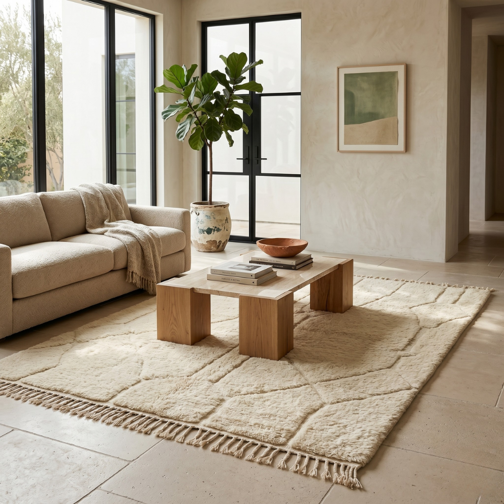 Black and ivory geometric Mrirt rug styled in a bright living room
