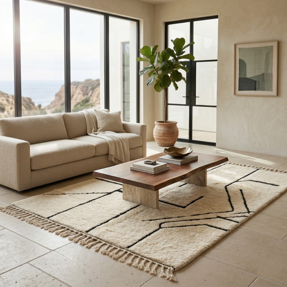 Pure ivory Mrirt shag rug styled in a bright neutral living room