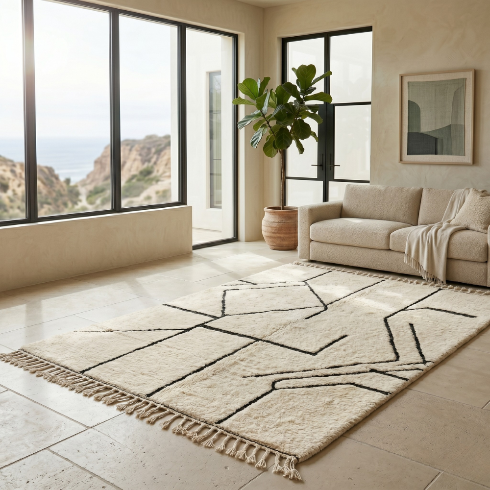 Soft cream Moroccan Mrirt shag rug in a sunlit minimalist interior