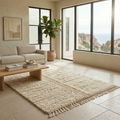 Ivory carved-column Mrirt high-pile rug styled in a bright living room