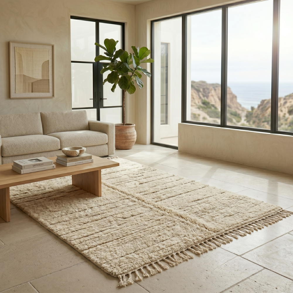 Ivory carved-column Mrirt high-pile rug styled in a bright living room