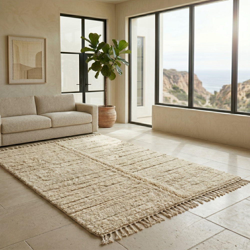 Architectural ivory Moroccan Mrirt rug in a sunlit minimalist interior