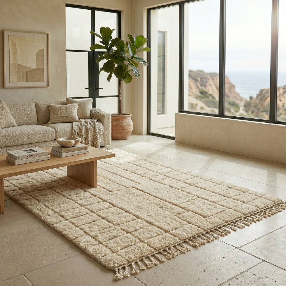 Ivory carved-keyhole Mrirt high-pile rug styled in a bright living room
