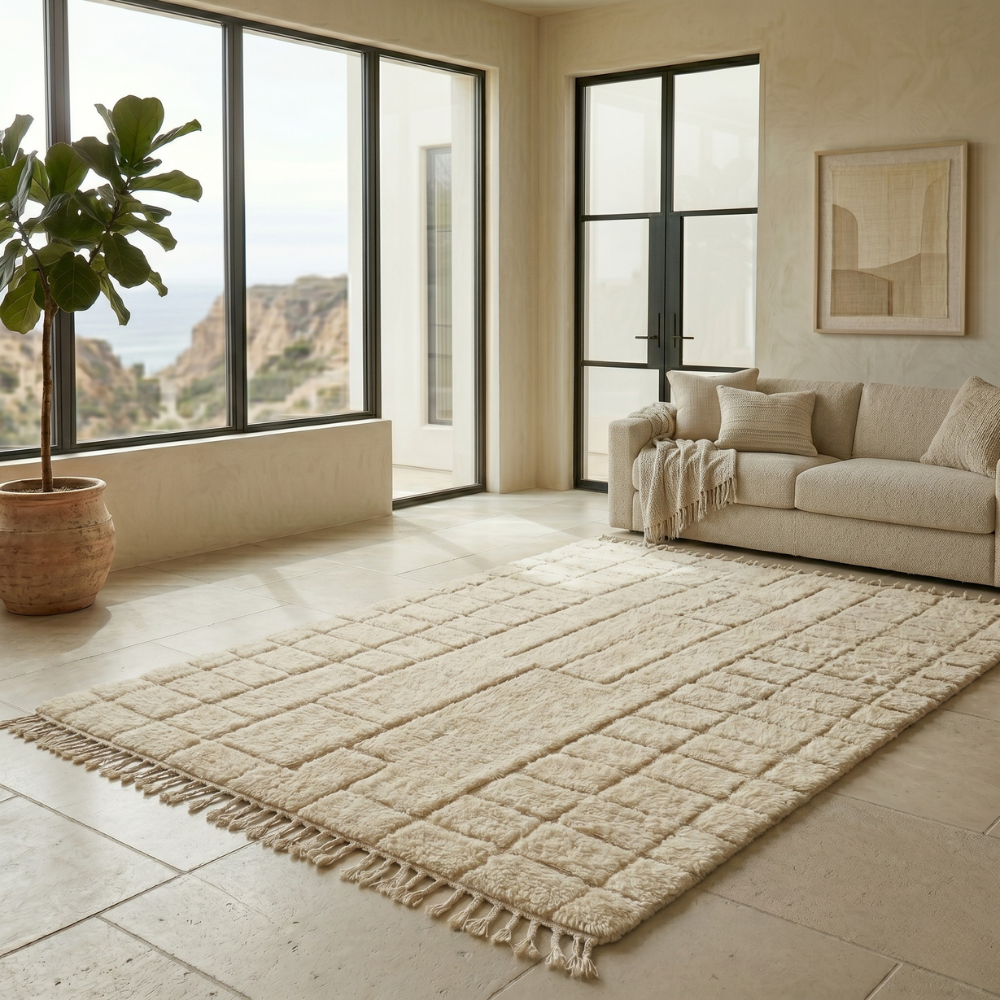 Minimalist ivory Moroccan Mrirt rug in a sunlit interior
