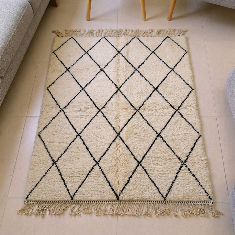 Ivory Diamond Mrirt Moroccan Luxury High Pile Wool Rug Handwoven by Amazigh Artisans