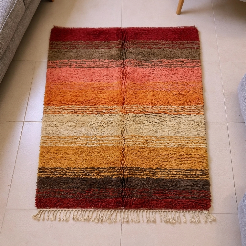 Ivory and Orange Sunset Ombre Stripe Mrirt Moroccan Plush Wool Rug Handwoven by Amazigh Artisans