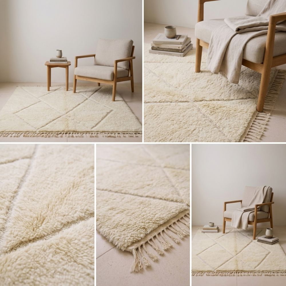 Mrirt Ivory Lozenge High-Pile Wool Rug