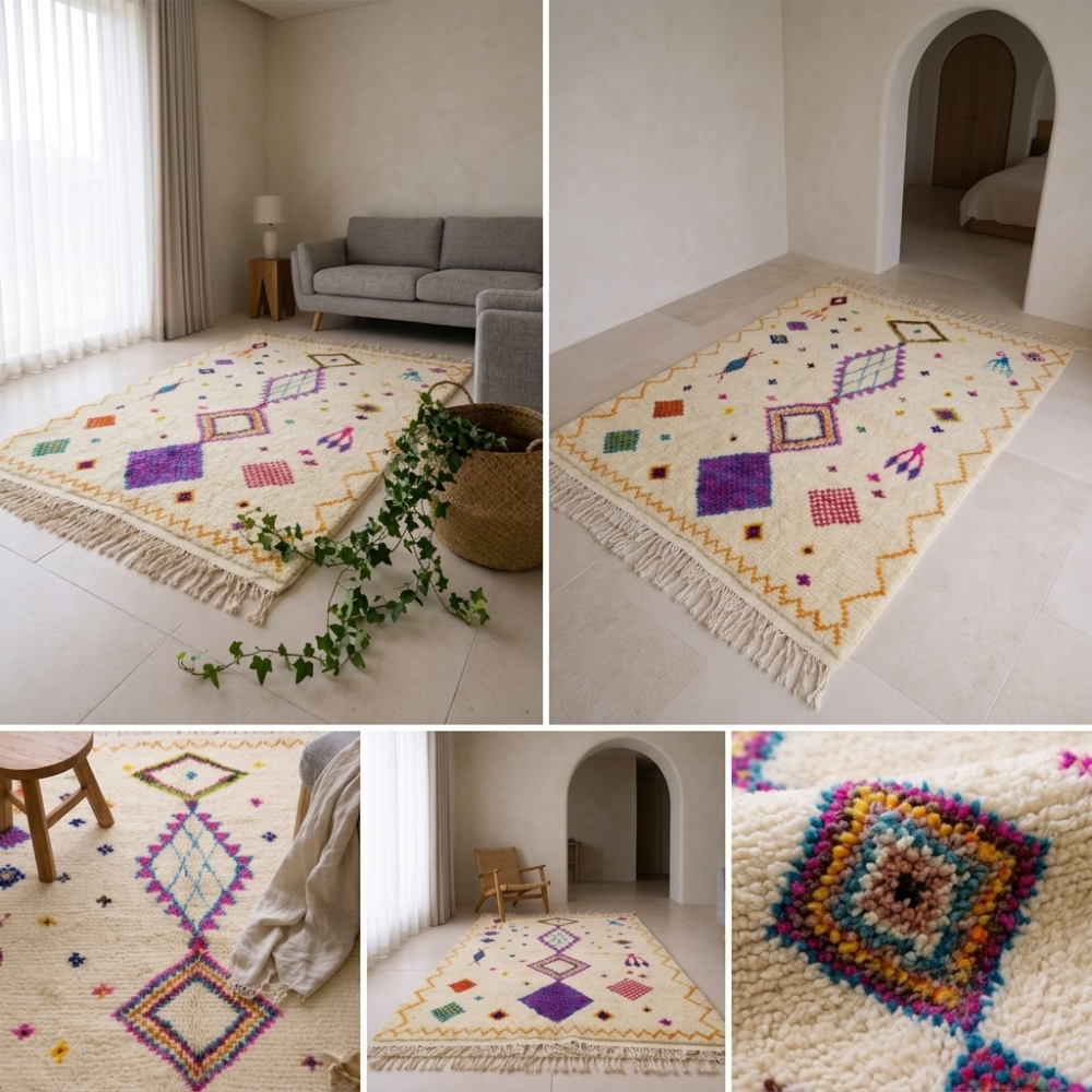 Azilal Ivory & Multicolor Diamond Berber Wool Rug