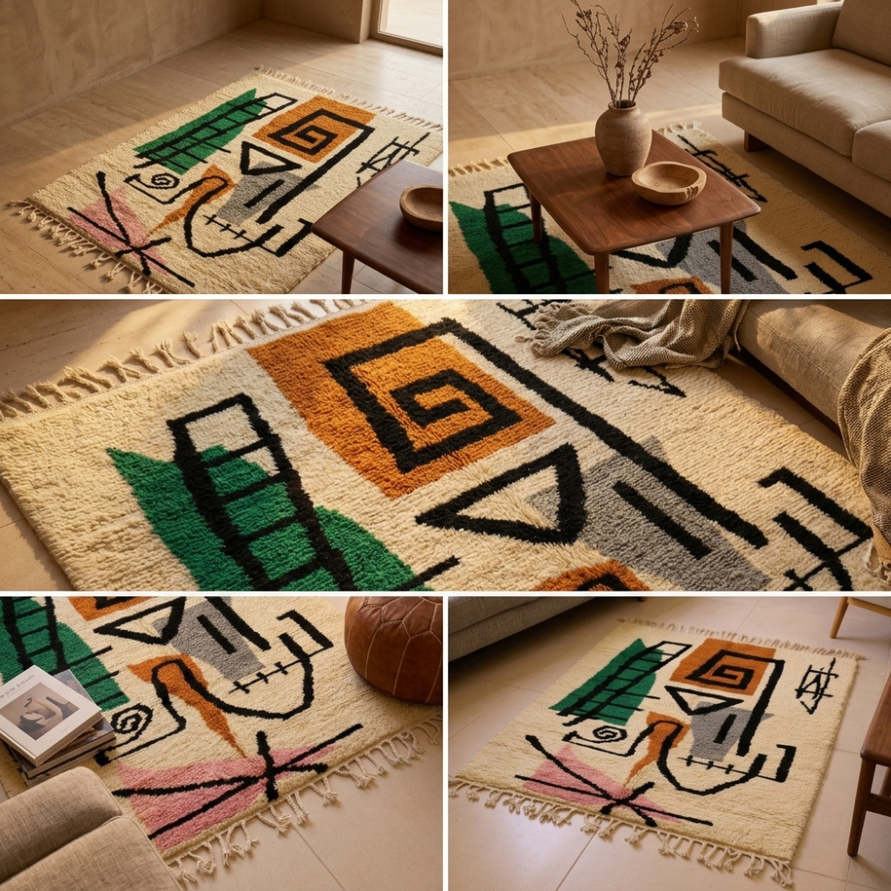 Azilal Abstract Modern Art Berber Wool Rug — Ivory & Emerald